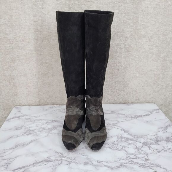 Mario Valentino Vintage 80s 90s Black Gray Tall Pull On Suede Knee High Boots - Picture 2 of 13